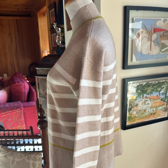 TAHARI - Beige and Cream Breton Nautical Stripe Mock Turtle Neck Sweater – - Picture 4 of 8